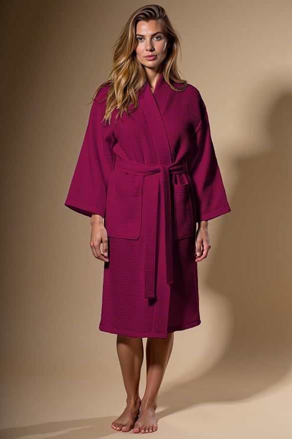 Turquaz Lightweight Waffle Knit Kimono Bathrobe - Soft Cotton Blend Spa Robe, Fast-Drying Full-Length Unisex Robes for Women