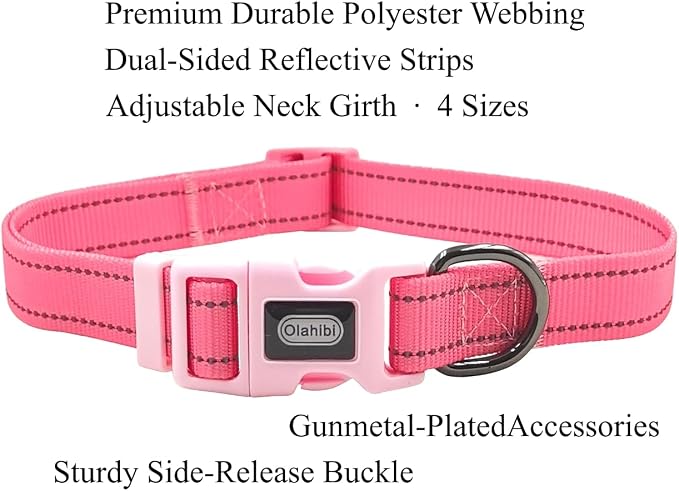 Dog Collar Leash Set, Durable Polyester with Safety Reflective Strips, 5 ft Matching Leash, Neoprene Padded Handle, Adjustable 4 Sizes for Small Medium Large Dogs.(S, Pink)