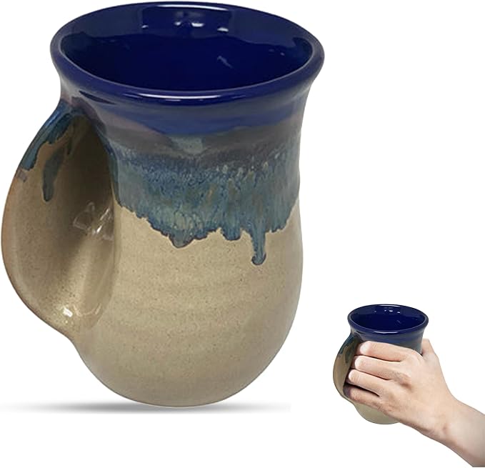 Clay in Motion Hand Warmer Coffee Mug – Handmade Coffee Mug With Comfortable Handle Contoured Pocket Hand Warming Ceramic Coffee Mug – Proudly Made in USA – Left Handed – 14 Oz - Cobalt Canyon