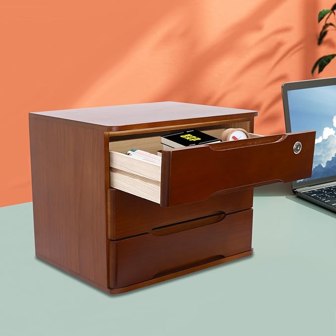 3 Tier Desktop Organizer Storage Box, Solid Wood Storage Box with Lock, Desk Drawers Organizer and Accessories, for Home, Office, Stationery, Crafts, Junk & Supplies, Walnut