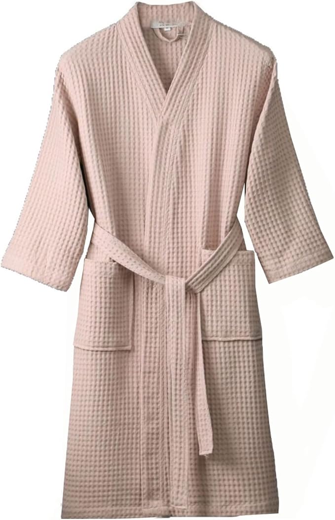 Waffle Bathrobe for Men Women, 100% Cotton Kimono Robes with Pockets & Belt, Soft Absorbent Knee-Length Robe for Bath Spa