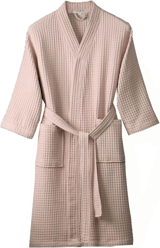 Waffle Bathrobe for Men Women, 100% Cotton Kimono Robes with Pockets & Belt, Soft Absorbent Knee-Length Robe for Bath Spa