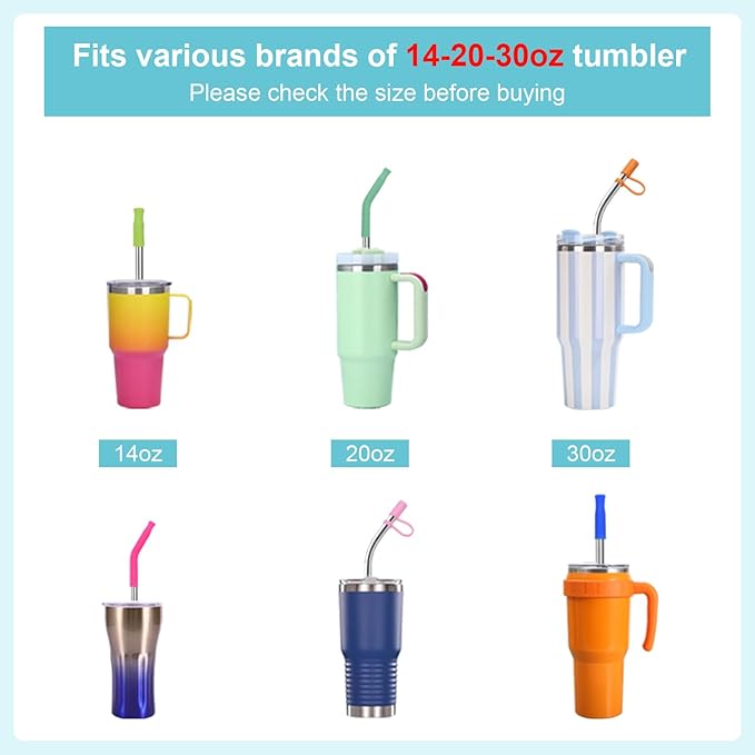 Reusable Stainless Steel Straws Set 6 PCS with 6 Silicone Tips, 2 Straw Brush, 1 Storage Case, Different Sizes of Metal Straws Reusable, Suitable for 14, 20, 30 oz Cups Tumbler, for Hot/Cold Drinks