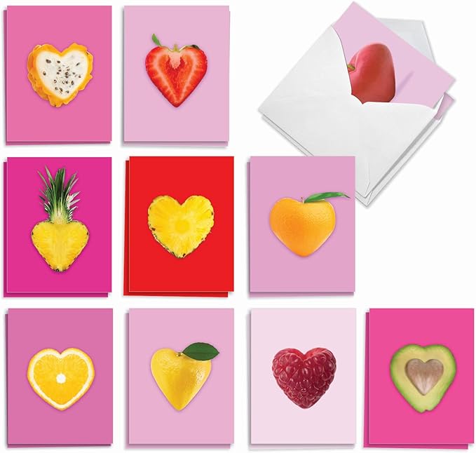 The Best Card Company - 20 Cute Boxed Cards (4 x 5.12 Inch) - Assorted Blank Set (10 Designs, 2 Each) - Fruit Hearts AM8992OCB-B2x10