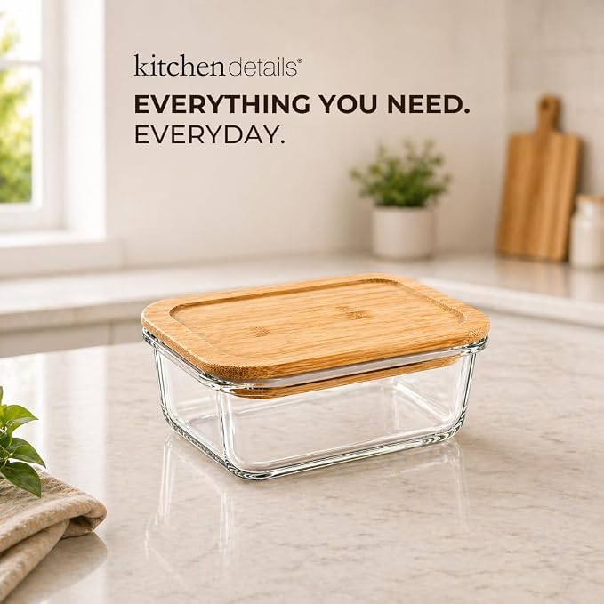 Kitchen Details Glass Food Storage Containers with Bamboo Lids | 2 Pack | 35.2 oz/1040 mL Borosilicate Glass Meal Prep Containers | Airtight | BPA-Free | Microwave and Dishwasher Safe