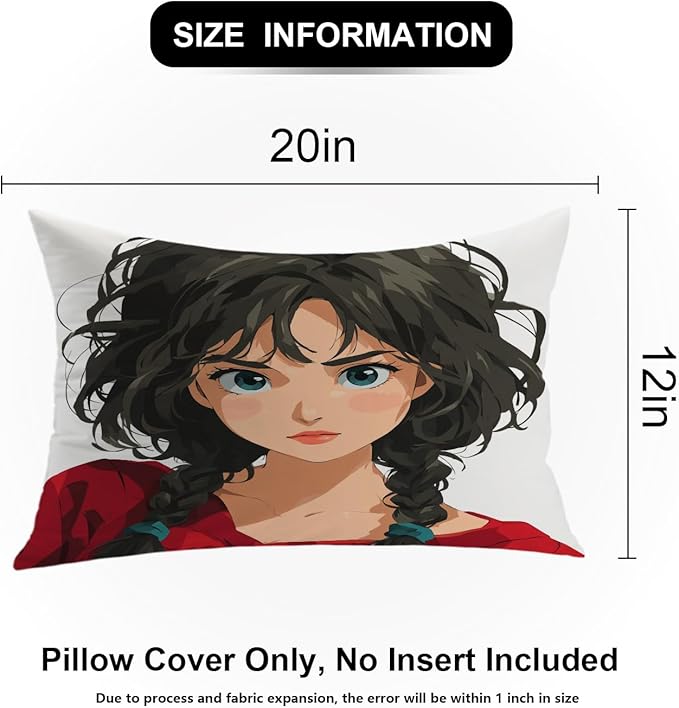 Shrahala Animated Youthful Decorative Throw Pillow Cover, Braided Hair Vivid Eyes Lumbar Pillowcase Blended Double-Sided No Inserts for Bedroom Living Room Set of 2 (12 x 20 in)