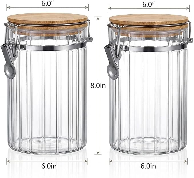 Glass Storage Jars with Bamboo Lids, Set of 2 – 34oz Airtight Borosilicate Canisters for Pantry Organization, Coffee, Flour, Sugar & Pasta – BPA-Free, Ribbed Design