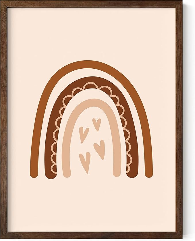 Boho Nursery Rainbow Wall Art with Hearts Earth Tones Terracotta Brown Scandi Minimalist Style 12x16 Inch Oak Wood Walnut Framed Playroom Decor Print for Kids Room