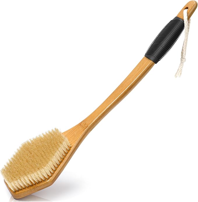 eaxun Bamboo Back Brush with Curved Long Handle, 17.5 Inches Shower Back Scrubber with Stiff Bristles for Men and Women, Exfoliating Body Washer Anti Slip Exfoliator for Bath or Dry Brushing