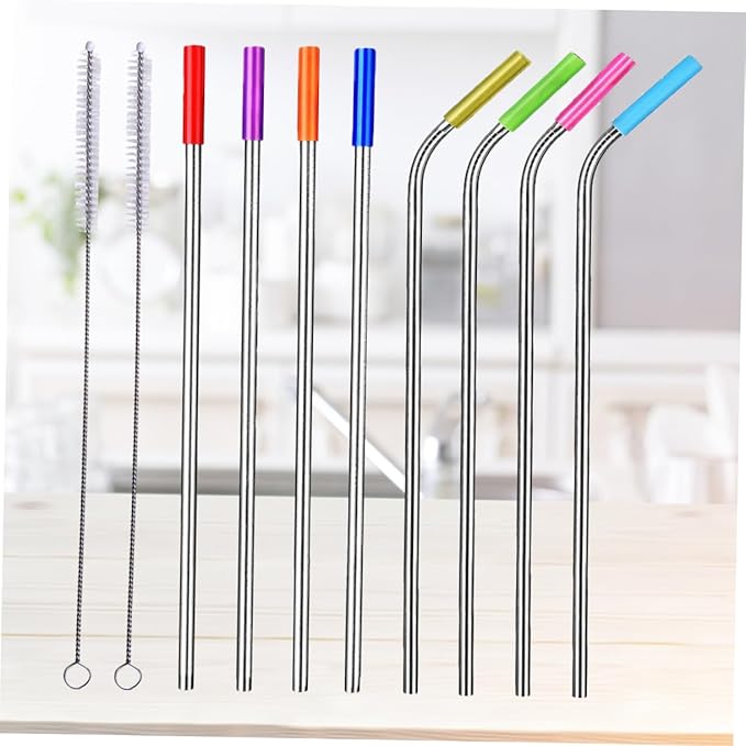 304 Stainless Steel Reusable Drinking Straws Set 8pcs Curved and Straight Straws with Food-Grade Silicone Tips Includes Cleaning Brush for Smoothies and Bubble Tea