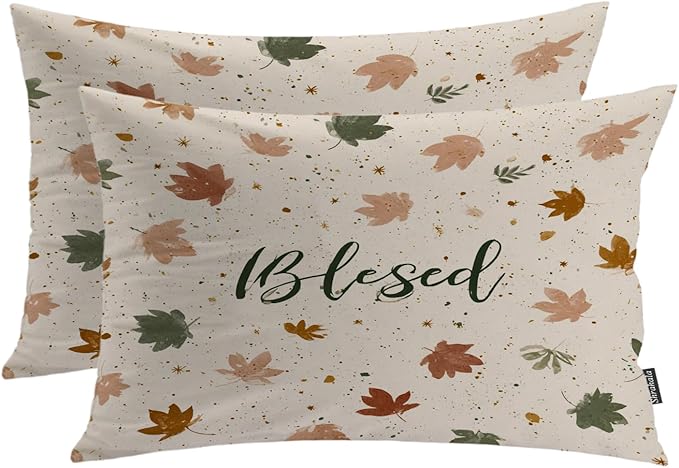 Shrahala Blessed Autumn Leaves Pillowcases, Cozy Autumn Leaf Pattern Lumbar Pillow Cover Decorative Blended Double-Sided No Inserts for Bedroom Sofa Living Room Set of 2 (26 x 20 in)