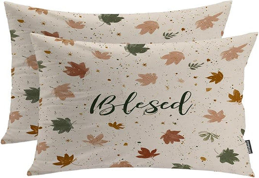 Shrahala Blessed Autumn Leaves Pillowcases, Cozy Autumn Leaf Pattern Lumbar Pillow Cover Decorative Blended Double-Sided No Inserts for Bedroom Sofa Living Room Set of 2 (26 x 20 in)