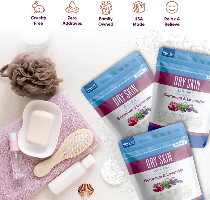 Dry Skin Bath Salt (3 Pack) Skin Soothing Epsom Salt with Pure Essential Oils in BPA Free Pouch with Press Lock Seal Made in USA Three 2 Lbs Pouches 6 Lbs Total