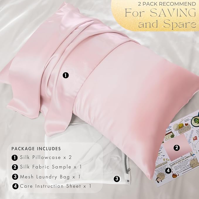 PROMEED 100% Silk Pillowcase Set of 2 with Hidden Zipper, 23 Momme 3rd Gen Grade 6A+ Mulberry Silk Pillow Case 2 Pack for Hair and Skin, Soft and Breathable (King 20"x36", Pink)