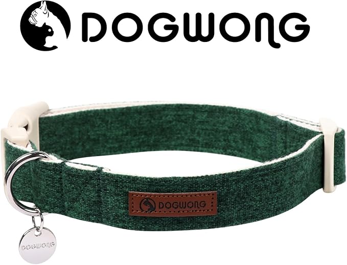 DOGWONG Cotton Hemp Dog Collar, Heavy-Duty Christmas Green Dog Collar Adjustable Soft Natural Fabric Pet Dog Collar Cute Holiday Puppy Necklace for Small Medium Large Dogs
