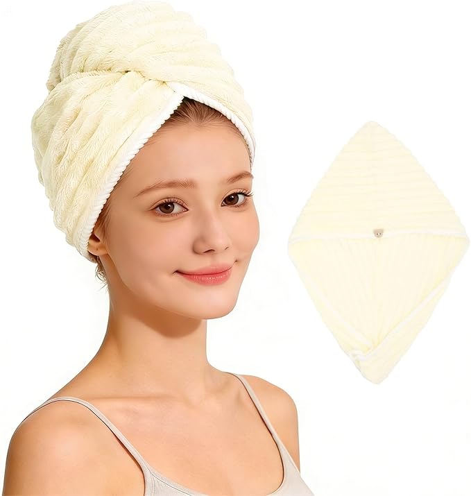 Microfiber Hair Towel Wrap for Women, Soft Lightweight Quick Dry Turban, Drying Hair Towels for Women, Hair Drying Towel for Curly & Long Hair - Yellowish-white (Note: This model is ultra-slim.)