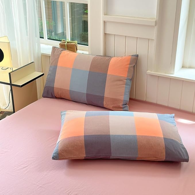 FACE TWO FACE Bedding Duvet Cover Set100% Washed Cotton Duvet Cover Linen Like Textured Breathable Durable Soft Comfy (King, Cookie Powder Grid)