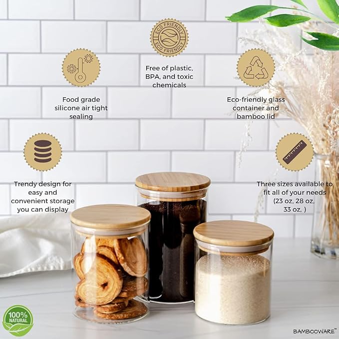 Bambooware Glass Storage Containers with Lids | Kitchen Organization | Pantry Organization - Set of 3 Canisters - Airtight Glass Jars Wooden Lid for Sugar, Flour, Candy, Cookies, Rice, Pasta