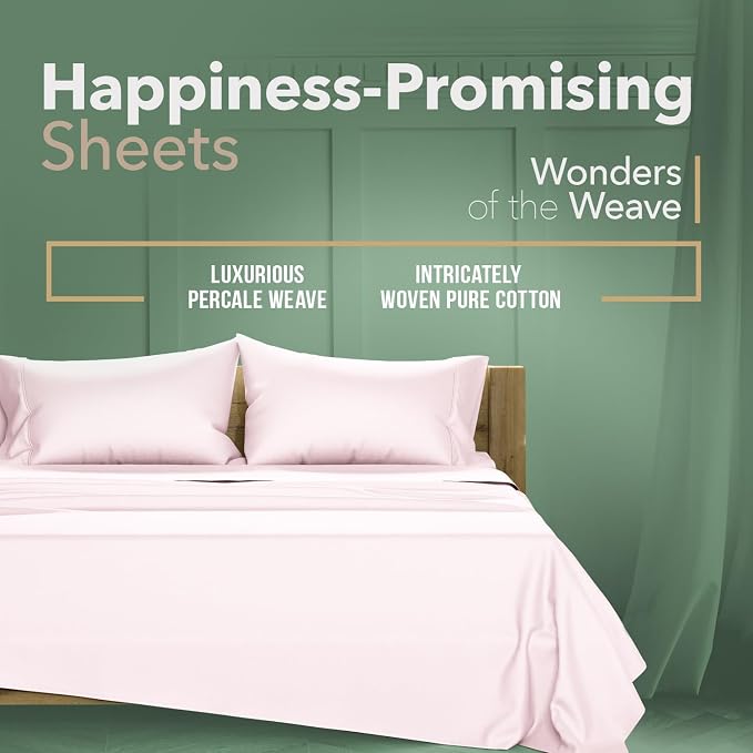 TEXAS LINEN CO. 100% Organic Cotton Sheets California King Size - 4 PC Organic Cotton Cal King Size Percale Weave Sheet Set, Soft, Cooling & Crisp, 16" Deep Pocket Hotel Quality Bedding Set - Blush
