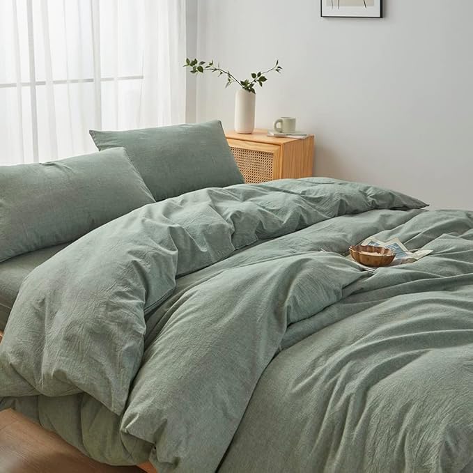 FACE TWO FACE Bedding Duvet Cover Set100% Washed Cotton Duvet Cover Linen Like Textured Breathable Durable Soft Comfy (King, Reversible Green)