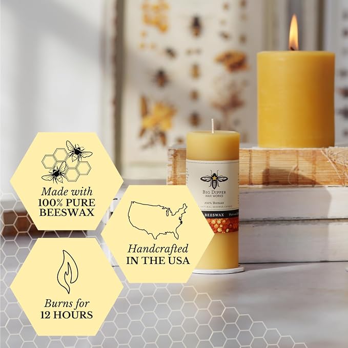 Big Dipper Wax Works 100% Pure Beeswax Pillar Candles (1 Pack) – 2" x 4.75" Handmade in USA, Long Burning Clean Soot-Free, Natural Honey Aroma, Eco-Friendly Cotton Wick, Home Décor & Meditation