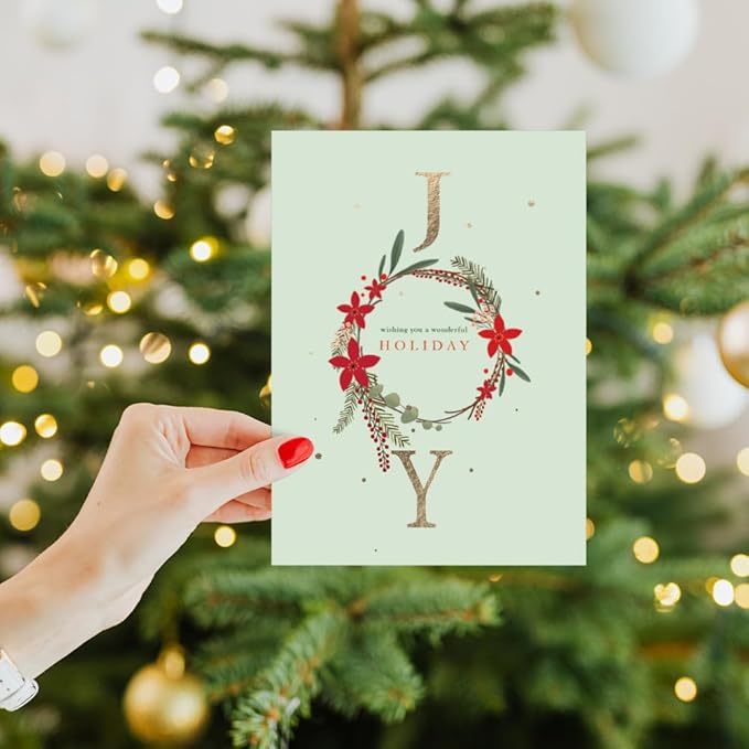 Tree-Free Greetings - Season's Greeting Cards - Artful Designs - 12 Cards + Matching Envelopes - Made in USA - 100% Recycled Paper - 5 x 7 - Joy Wreath (VP80738)