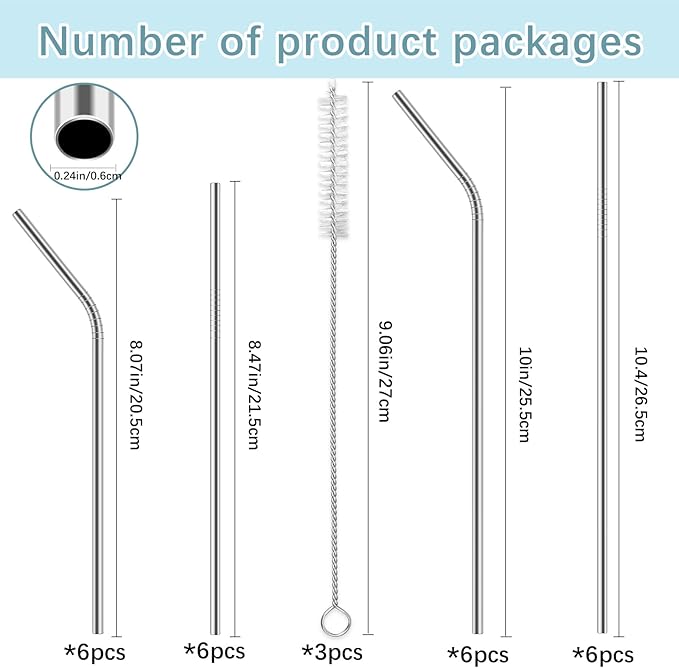 27 Pack metal straws reusable,12 Straight +12 Bent 3 Cleaning Brushes Included,stainless steel straws for 20oz and 30oz Tumblers Dishwasher Safe