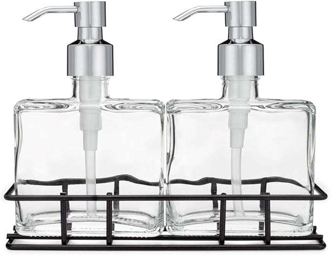 Rail19 Urban Glass Hand and Soap Dispenser Set - Includes Metal Stand Caddy, 8.5oz (Cali Chrome)