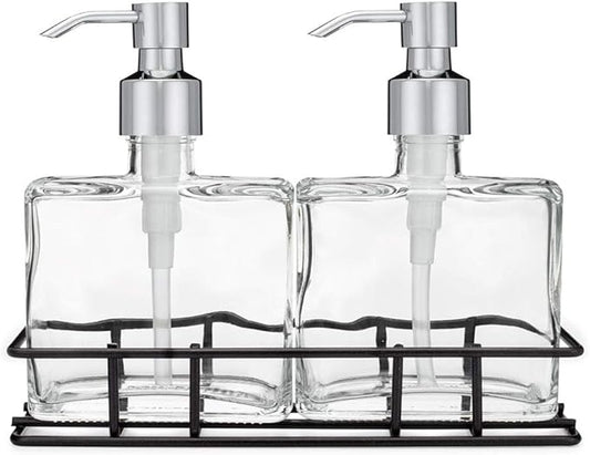 Rail19 Urban Glass Hand and Soap Dispenser Set - Includes Metal Stand Caddy, 8.5oz (Cali Chrome)