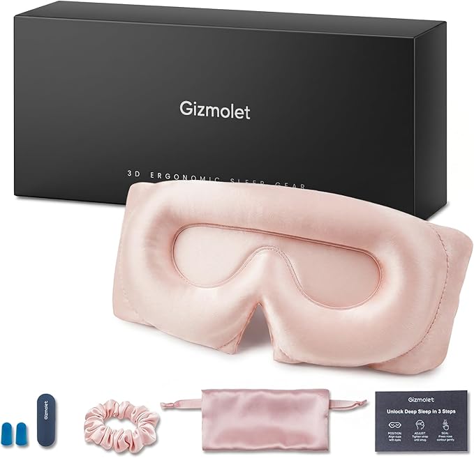 22 Momme Pure Mulberry Silk Sleep Mask, 3D Contoured Cup Eye Mask for Sleeping, Super Soft Breathable Blindfold with Adjustable Strap, Perfect Blocks Light for All Night Sleep, Pink
