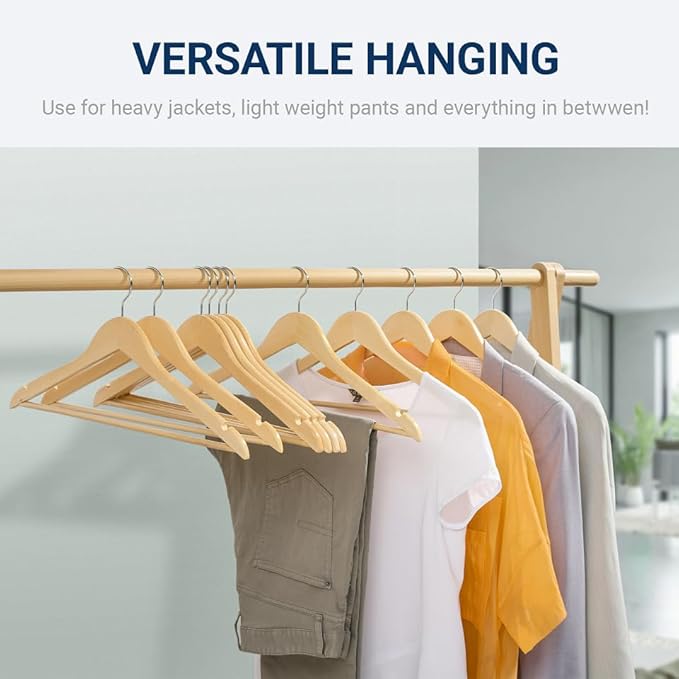 Amber Home 20 Pack Wooden Coat Hangers, Natural Wood Suit Hangers with Non-Slip Pant Bar, Clothes Hangers for Closet Organization, Shirts, Jackets, Dresses, and Pants (Natural, 20)