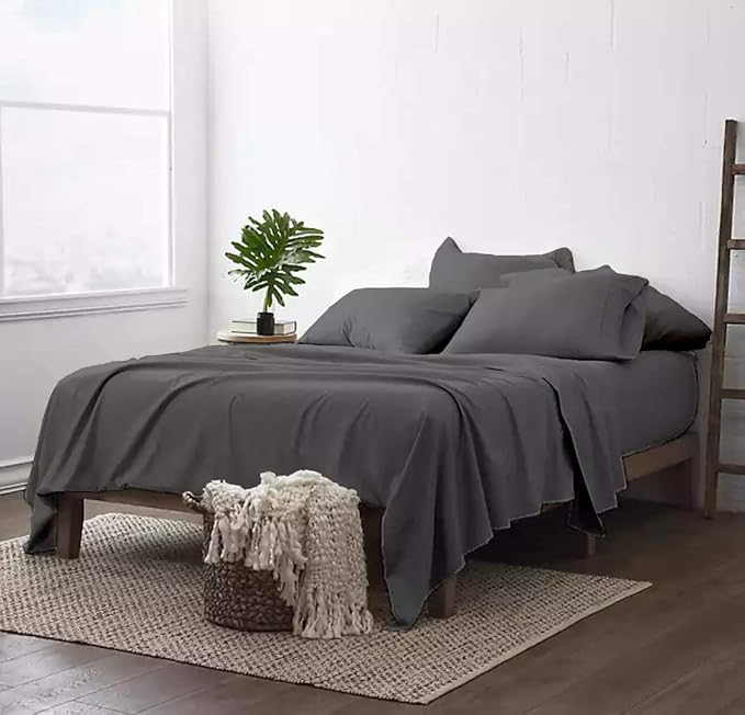 100% Real Certified Organic Cotton Bedsheet Set, Queen Size 6 Piece 1000 Thread Count Sheets Sets, [1 Fitted + 1 Flat + 4 Pillowcases], Extra 24" Deep Pocket - Dark Grey