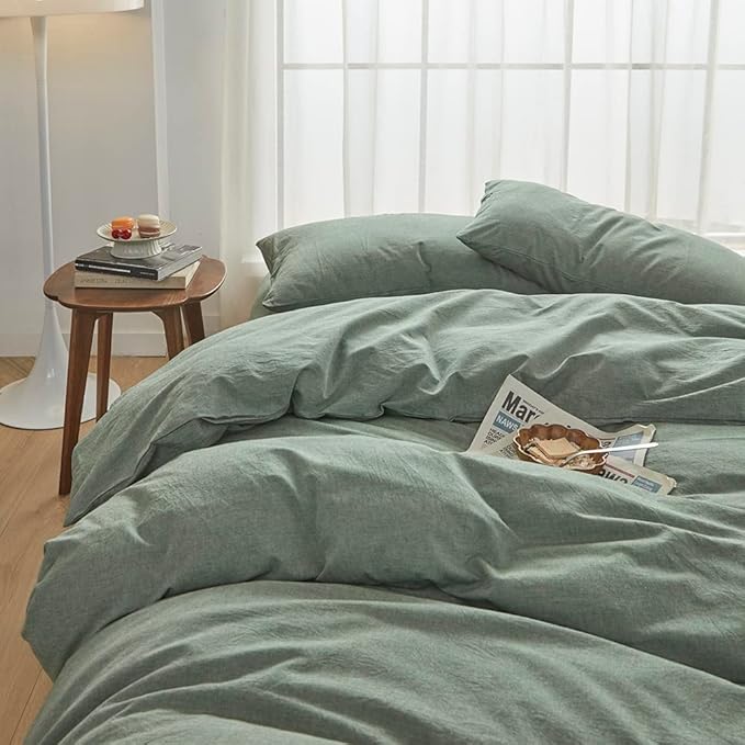 FACE TWO FACE Bedding Duvet Cover Set100% Washed Cotton Duvet Cover Linen Like Textured Breathable Durable Soft Comfy (Full, Reversible Green)