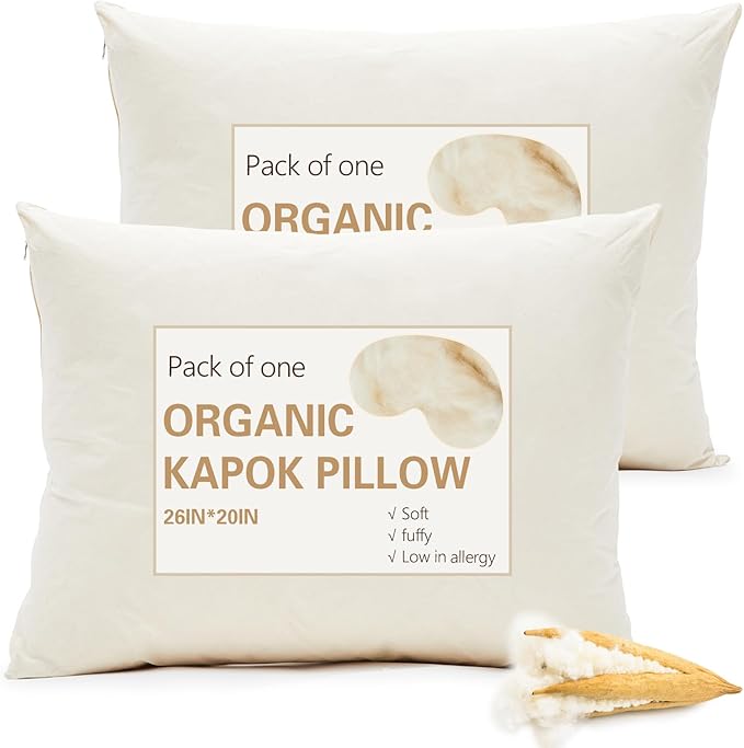 Leinuosen 2 Pack Organic Kapok Pillow 26" x 20" Natural Kapok Fiber Filled Sleeping Pillows with Breathable Cotton, Adjustable Height Soft and Supportive for Sleeping(Classic)