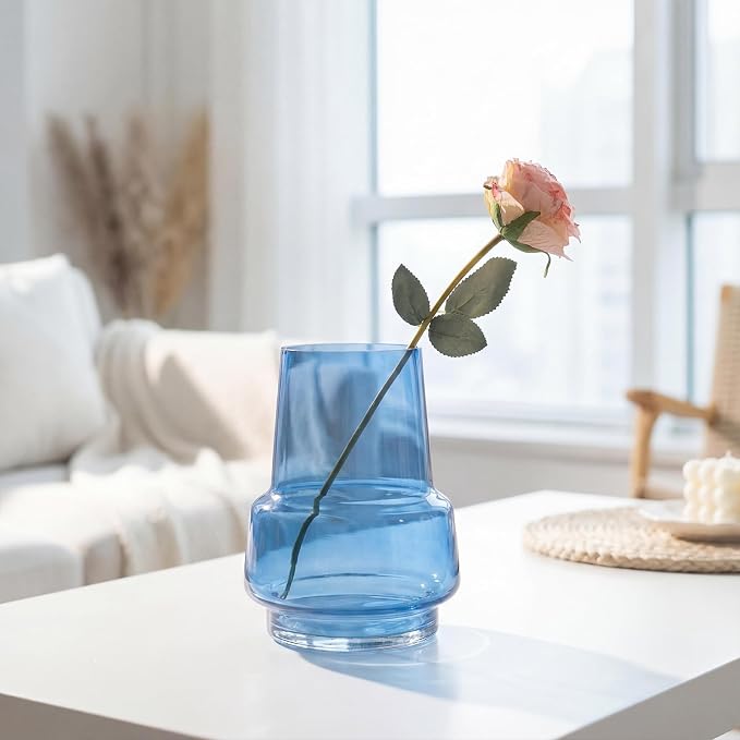 Relexome Blue Glass Flower Vase for Centerpieces Bouquet Flowers Modern Wide Mouth Glass Vase Decorative Bud Vases for Home Decor, Living Room, Kitchen, Dining Table, Entryway 7.3 Inch