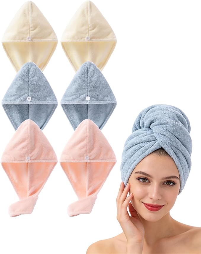 Lumimi Luxury Microfiber Hair Towel Gift Set 6 Pack - Spa Quality Anti-Frizz Turbans with Button Closure, Quick Dry for Long/Curly Hair, Premium Bath Accessories for Women