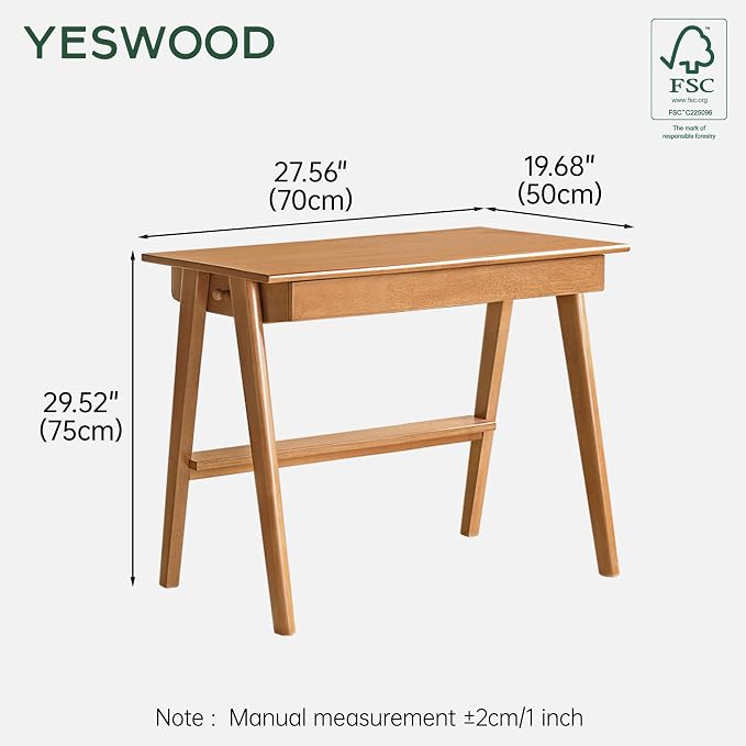 YESWOOD 100% Solid Rubber Wood Desk, Mid Century Modern Writing Computer Desk in Walnut Finish with Drawer for Home Office, Sturdy Room, Bedroom 27.55" W Natural Wood
