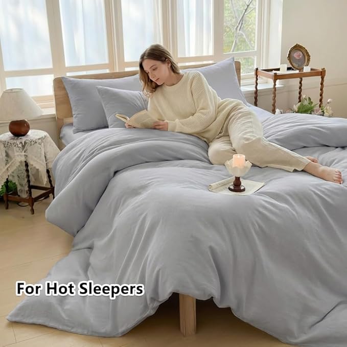 100% French Flax Linen Duvet Cover Set King, 3-Piece Soft Breathable Cooling Bedding for Hot Sleepers, Natural Washed Linen with Zipper Closure & 8 Corner Ties (King, Grey)