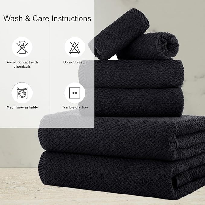 CASA COPENHAGEN Popcorn 6Pcs 100% Egyptian Cotton Large Designer Towels Gift Set- Jet Black, 600GSM, 2Bath 2Hand 2Washcloths, Bath Towels for Bathroom Set for Women & Men