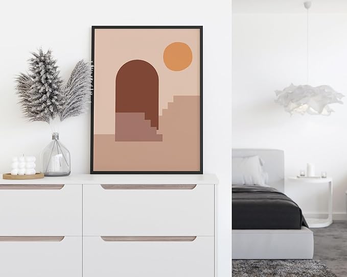 Abstract Architecture Wall Art Archway Stairs Sun Geometric Shapes Earth Tones Terracotta Mid Century Modern 12x16 Inch Oak Wood Black Framed Minimalist Boho Office Decor