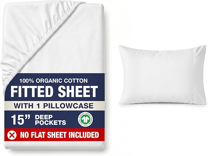 LANE LINEN Twin Fitted Sheets, 100% Organic Cotton 2-Piece Set (1 Fitted Sheet, 1 Pillowcase), Percale Weave, Bottom Sheet, Soft, Breathable, Fits Mattress Upto 15' Deep - White (No Flat Sheet)
