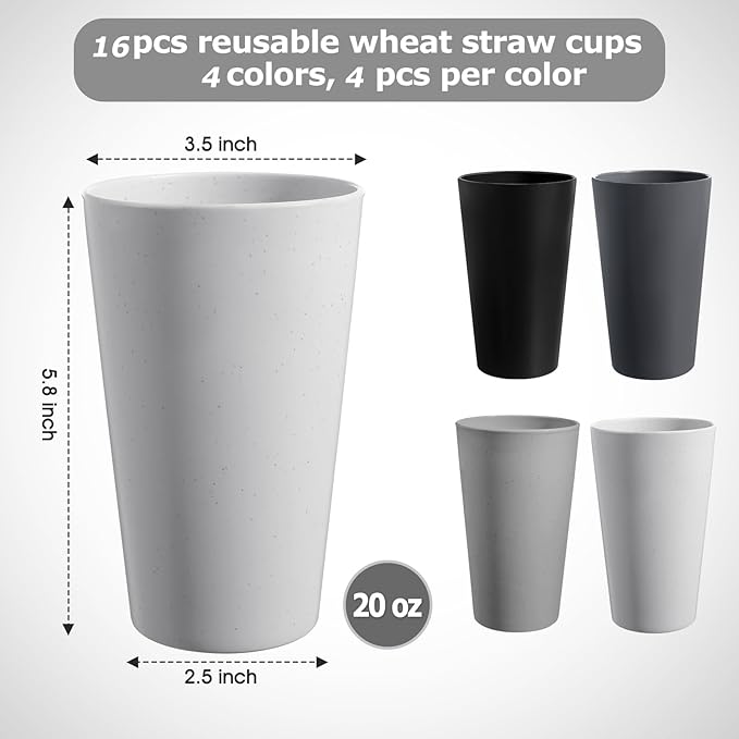 HEYCOME Set of 16 Wheat Straw Cups, 16 Pcs 20 oz Unbreakable Drinking Cups, Reusable Plastic Cups Sets, Water Glasses Tumblers, Microwave & Dishwasher Safe, Bpa Free, 4 Colors