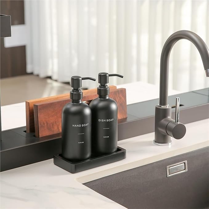 Liquid Dispenser Soap Dispenser Set Glass with Stainless Steel Pump Countertop Soap Bottle(Black Bottle+Black Pump)