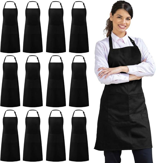 Syntus 12 Pack Bib Apron, Unisex Aprons Adjustable 100% Cotton with 2 Pockets Cooking Kitchen Aprons for Women Men Chef, BBQ Drawing Apron Bulk, Black