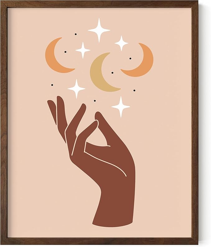 Mystical Hand Wall Art Celestial Moon and Stars Print Earth Tones Terracotta Mid Century Modern 16x20 Inch Oak Wood Walnut Framed Spiritual Decor for Bedroom
