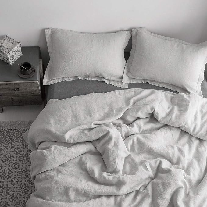 Simple&Opulence 100% Washed Linen Duvet Cover with Embroidered,3 Pieces Soft Farmhouse Comforter Set with Button Closure,1 Duvet Cover and 2 Pillowshams(King,Light Grey)