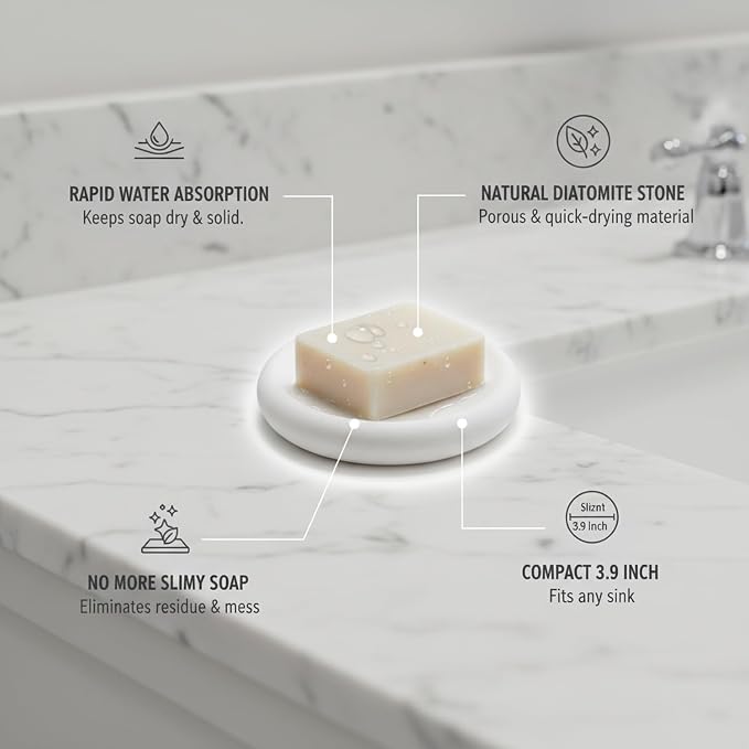 Round Diatomite Soap Dish, 3.9 Inch Natural Stone Bar Soap Holder for Bathroom Sink, Vanity, or Shower Ledge