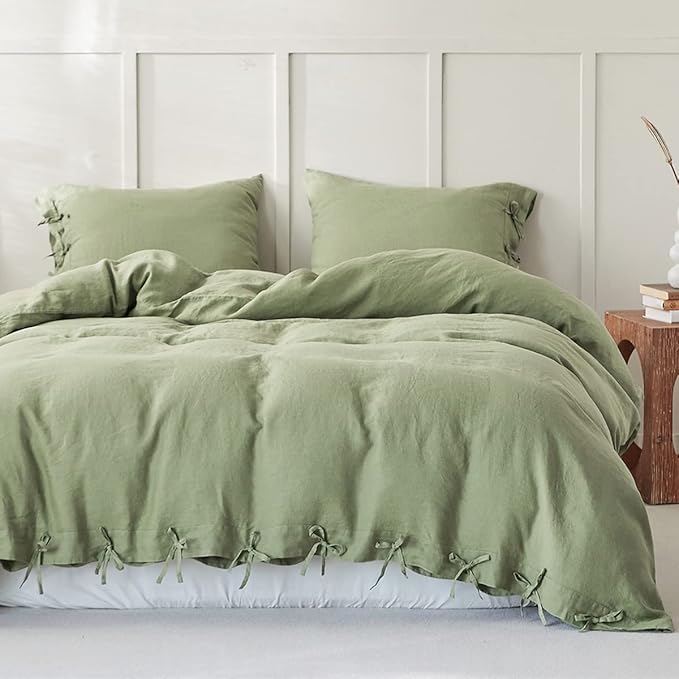 Simple&Opulence 100% Linen Duvet Cover Set 3pcs with Bowknot Ties Closure Natural French Washed Flax Solid Color Soft Breathable Farmhouse Bedding - Sage Green, King Size