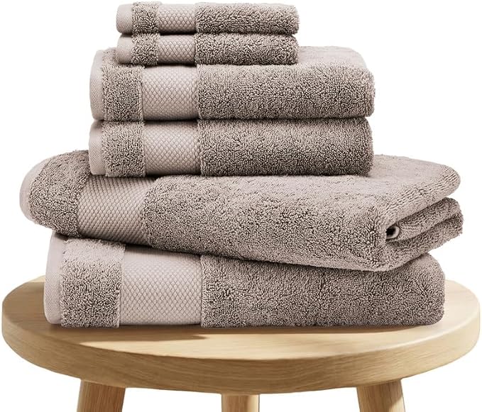 BIOWEAVES 100% Organic Cotton 700 GSM Plush 6-Piece Premium Towel Set GOTS Certified, 2 Bath Towels, 2 Hand Towels & 2 Washcloths - Taupe