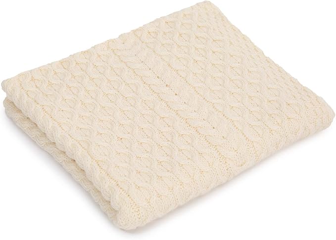 SAOL Bed Throw Blanket Irish Aran 100% Soft Merino Wool 60x36 Inches (Natural)